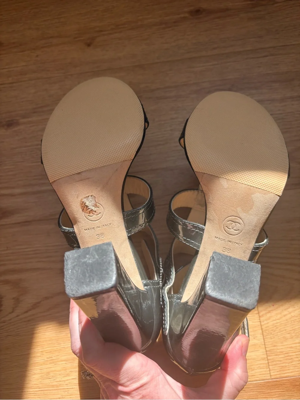 Chanel Metallic Gray Patent Leather Strappy Sandals